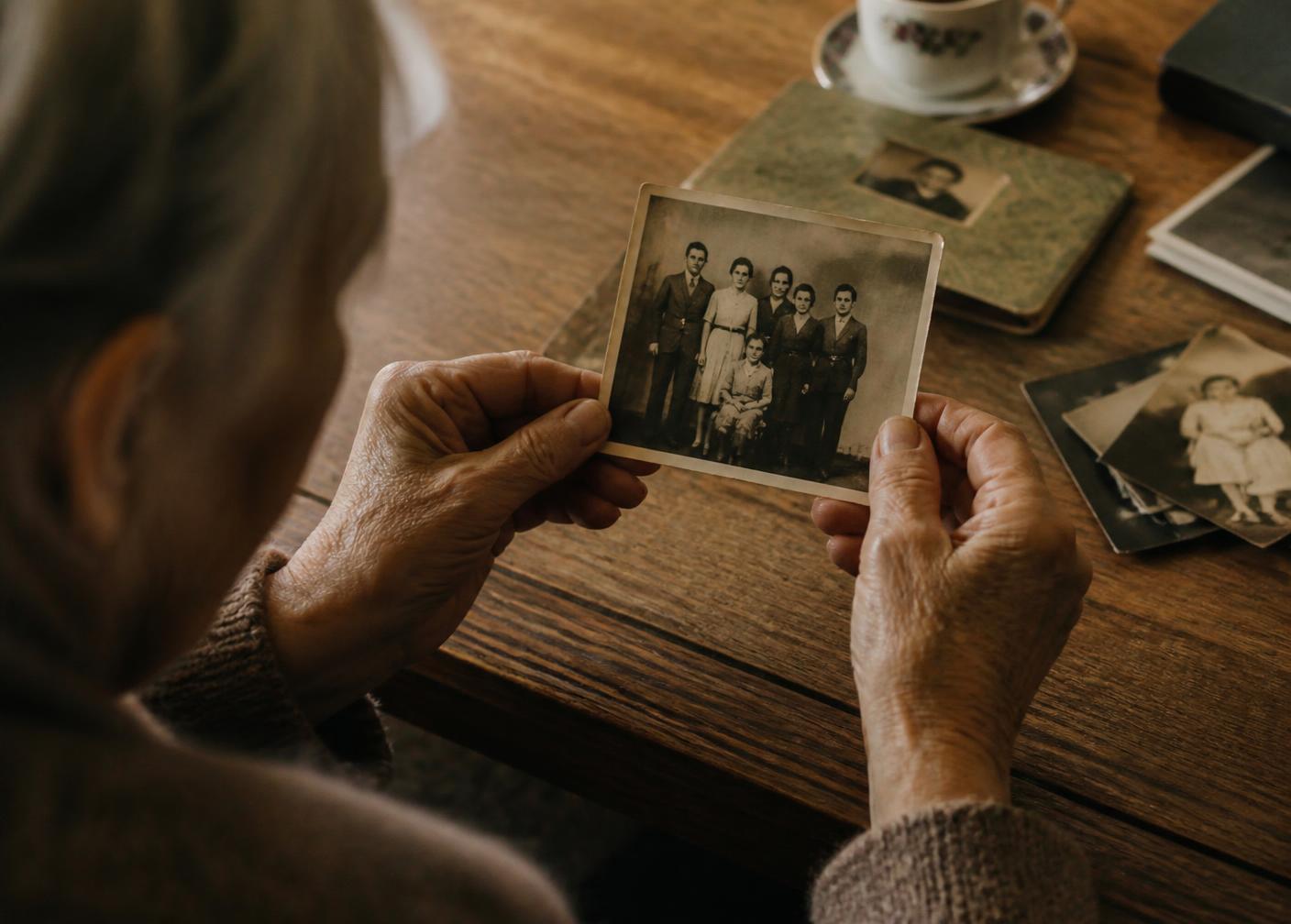 Mãos de uma senhora segurando fotografias antigas de família